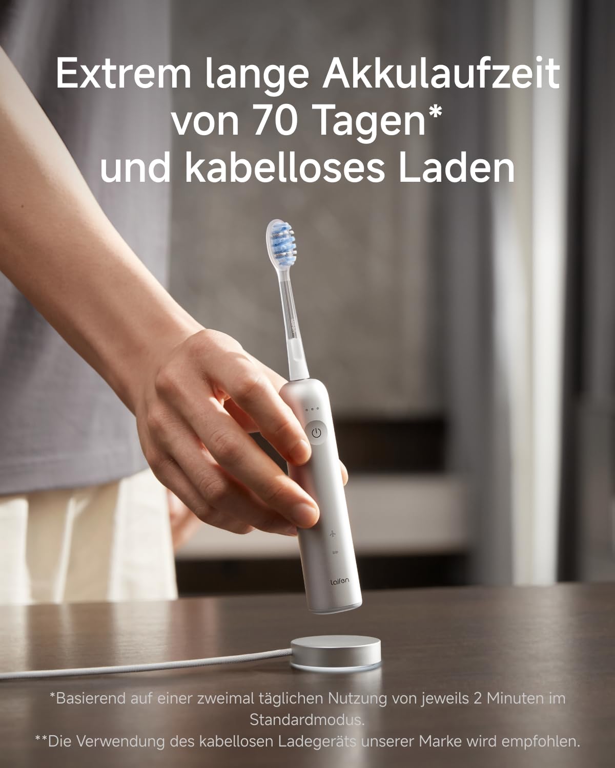 Laifen Wave Pro Elektrische Zahnbürste, 60° WaveMotion, Alu Silber | 13x Plaque-Entfernung, 66.000 Vpm, 70 Tage Akku, smarter Drucksensor, App-Steuerung, 2 Modi, 3 Stufen, IPX8, 2 Pro-Köpfe