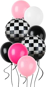 Race Car Balloon Bundle Pink Black Checkered Balloons Latex Balloon 20 Pcs | Fast One Theme Two Fast Race Car Birthday Party Decor Supplies Kit