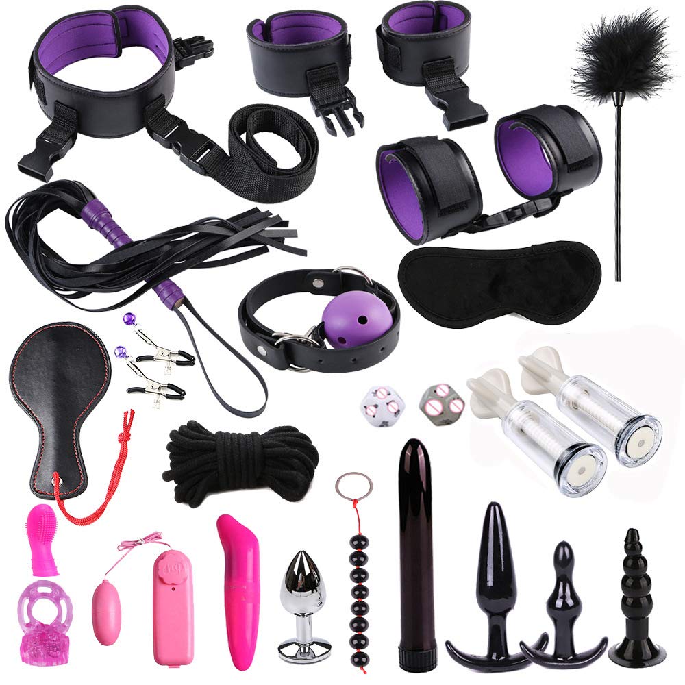 Juego de Ejercicios de Yoga Multifuncional de 24 Piezas con Tobillos y muñecas Ajustables, Juego de contracción de Estera de Yoga de Cualquier tamaño (Negro y Morado)