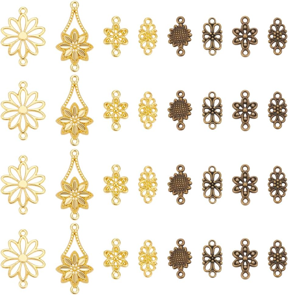 AHANDMAKER 80Pcs 8 Styles Flower Connector Charms, Vintage Alloy Filigree Flower Pendant Connectors with Double Holes Floral Links for Necklace Bracelet Earring DIY Jewelry Making, Antique Bronze&Gold