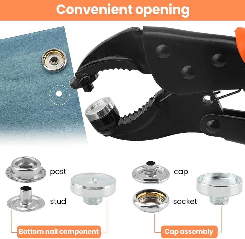 Snap Button Kit, 60-Set Heavy Duty Snap Fasteners Tool with Pliers Tweezers, Screw Snap on Tools DIY for Boat Cover, Tarps, Canvas, Leather Replacing Metal Snaps