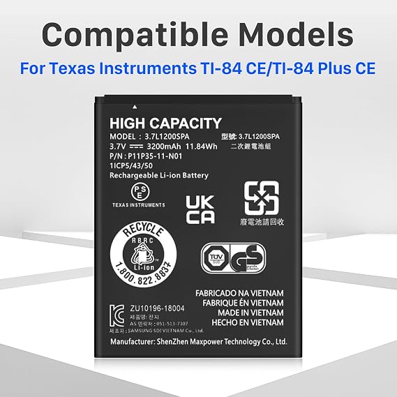 TI-84 Plus CE Battery, 3200mAh Replacement Battery for Texas Instruments TI-84 Plus CE, TI Nspire CX II, TI Nspire CX CAS II, Part No 3.7L1200SPA, New Upgraded P11P35-11-N01 Batteries