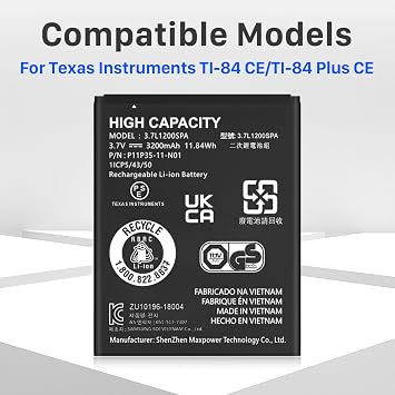 TI-84 Plus CE Battery, 3200mAh Replacement Battery for Texas Instruments TI-84 Plus CE, TI Nspire CX II, TI Nspire CX CAS II, Part No 3.7L1200SPA, New Upgraded P11P35-11-N01 Batteries