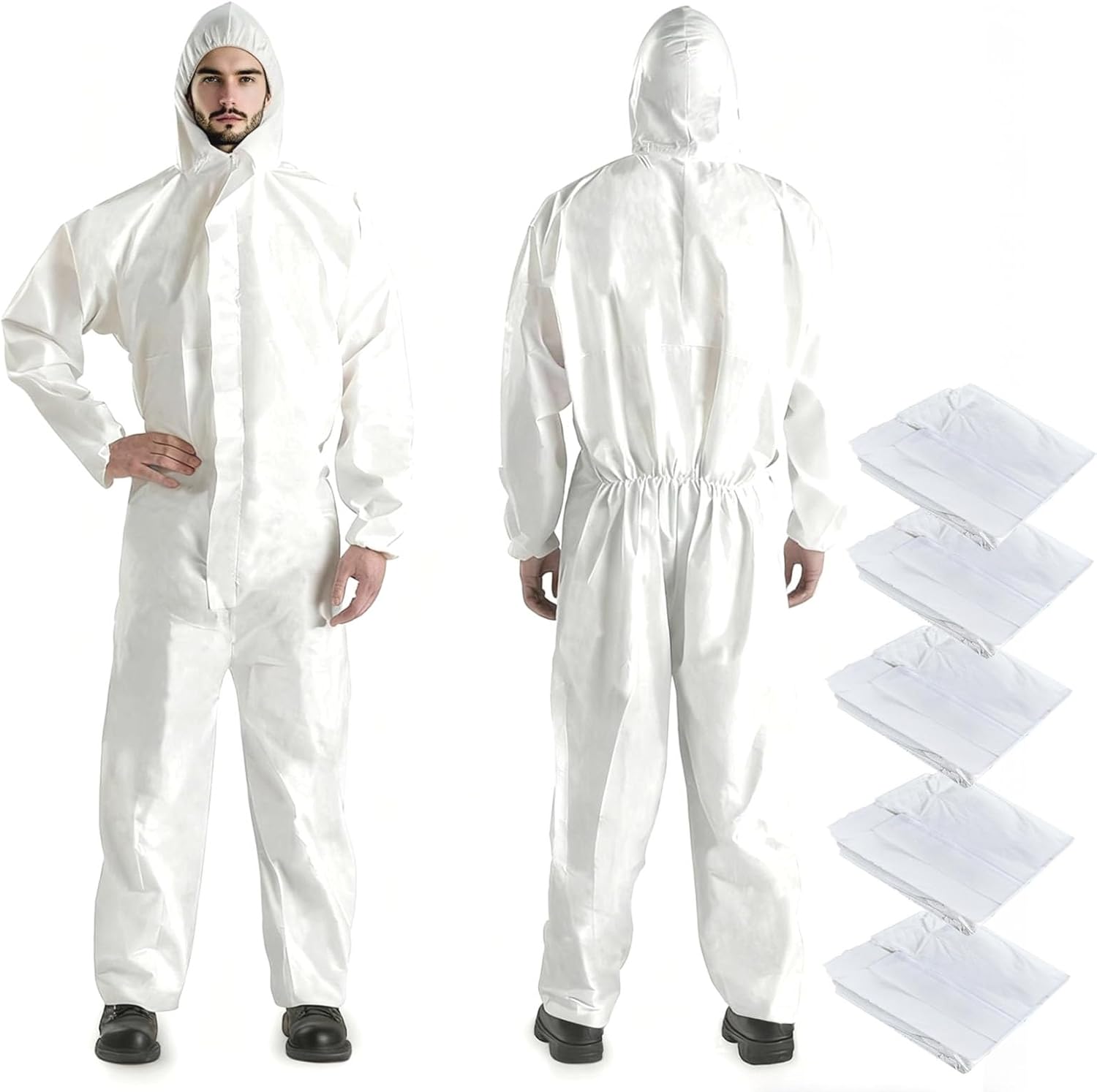 dapdop 5 Pack XL Hazmat Suits - Heavy Duty Disposable Paint Coveralls with Hood, Elastic Wrists for Full Protection