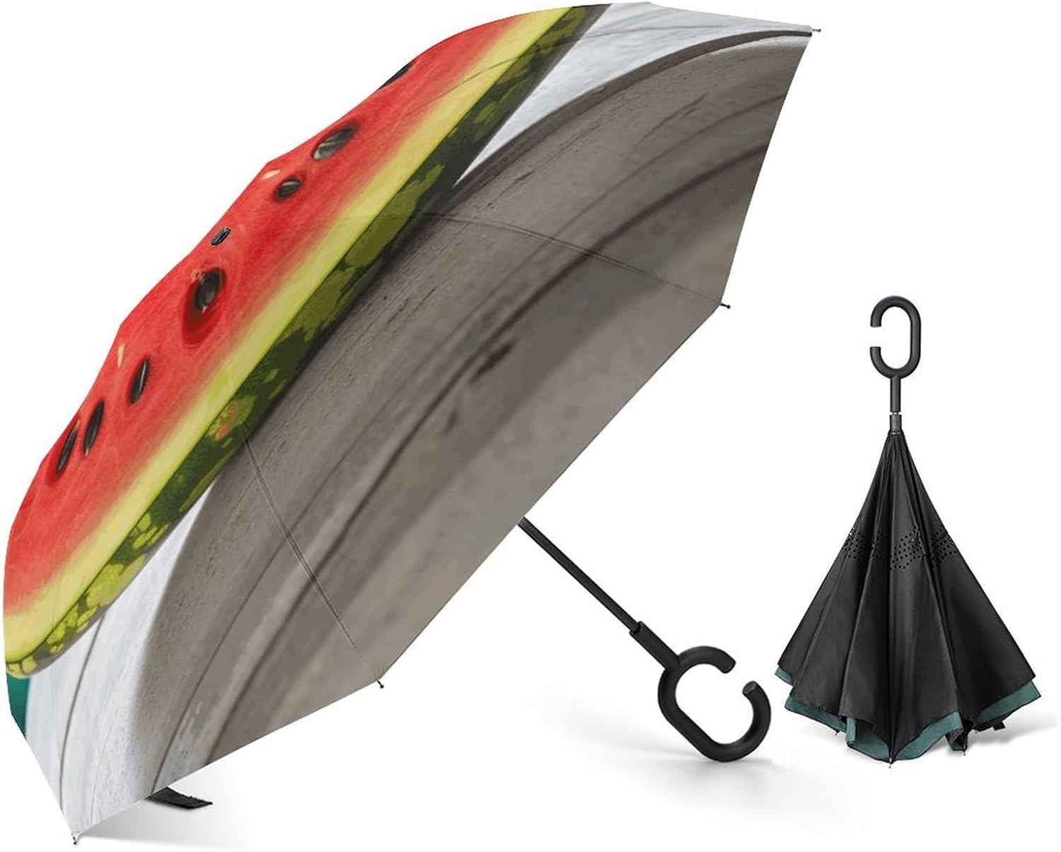 Car Umbrella Watermelon with Smiley Printed Reverse Folding Umbrella Ventilated Windproof And Waterproof Golf Umbrella with C-shaped Handle
