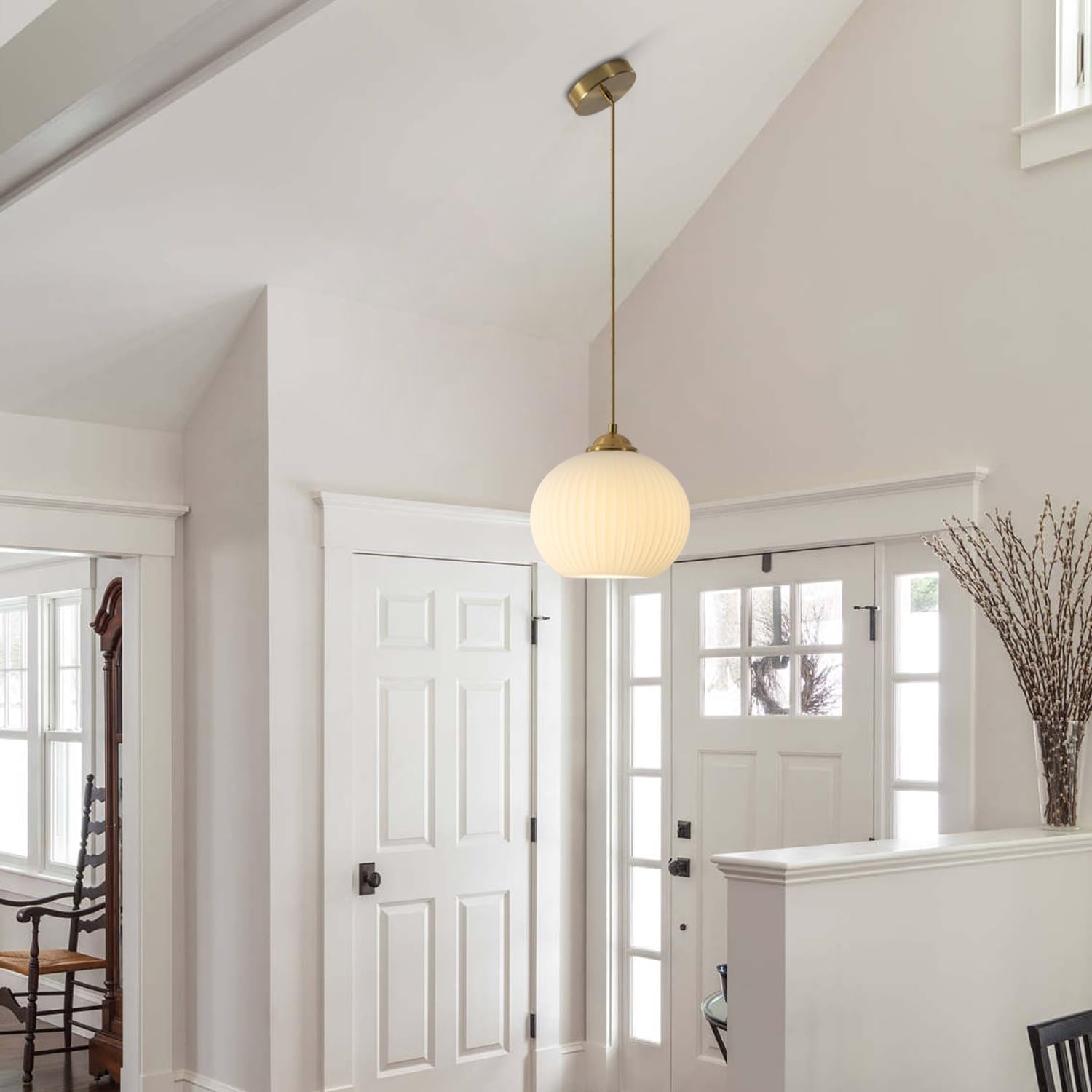 KCO Lighting Mid Century 1-Light Globe Pendant Light Industrial Vintage Brass Gold Pendant Lighting Fixture Kitchen Island Adjustable White Glass Hanging Ceiling Lights