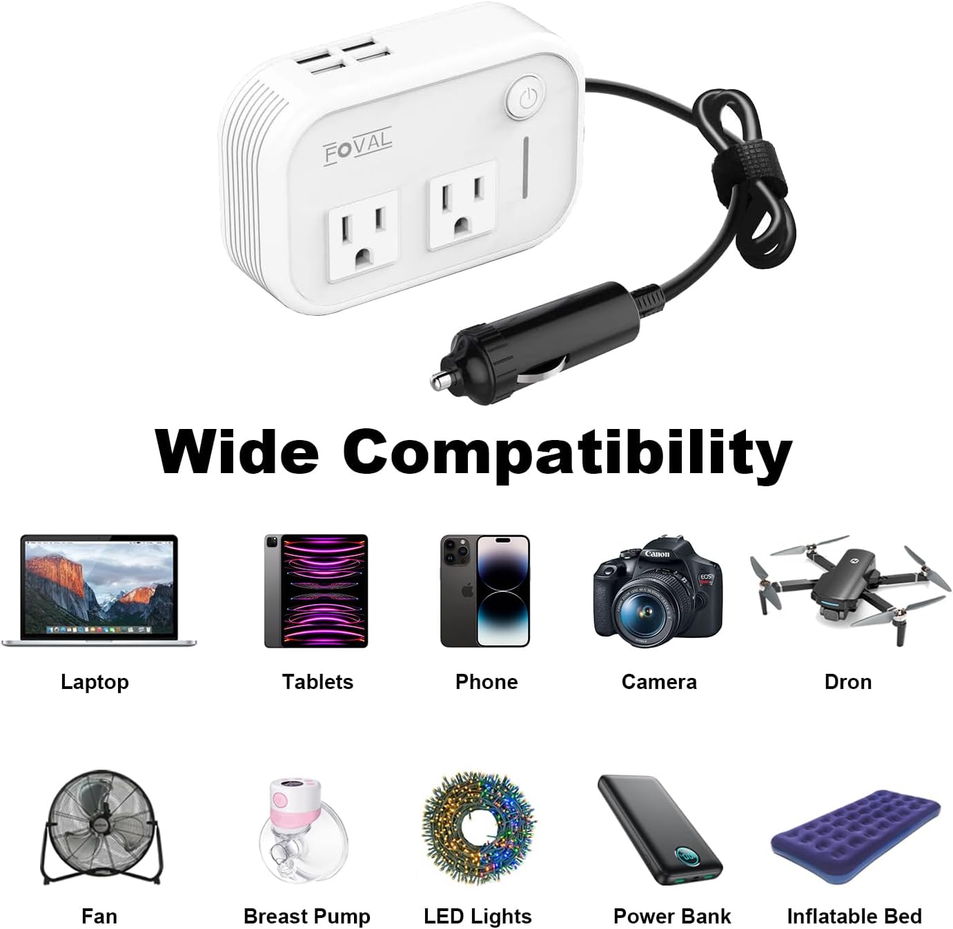 Exampliste des appareils compatibles avec l'onduleur de voiture FOVAL