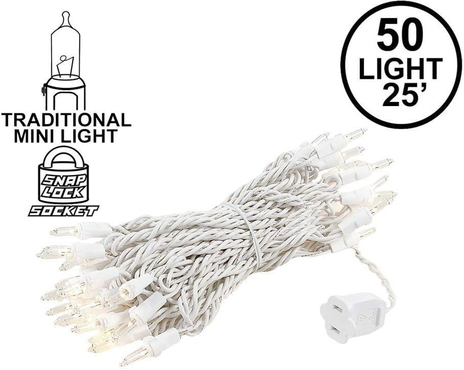 Novelty Lights 25 Feet 50 Bulb Incandescent Mini Light String, Clear with 6-Inch Spacing on White Wire, UL Listed Commercial Grade Indoor/Outdoor Mini Lights, Connectable End-to-End