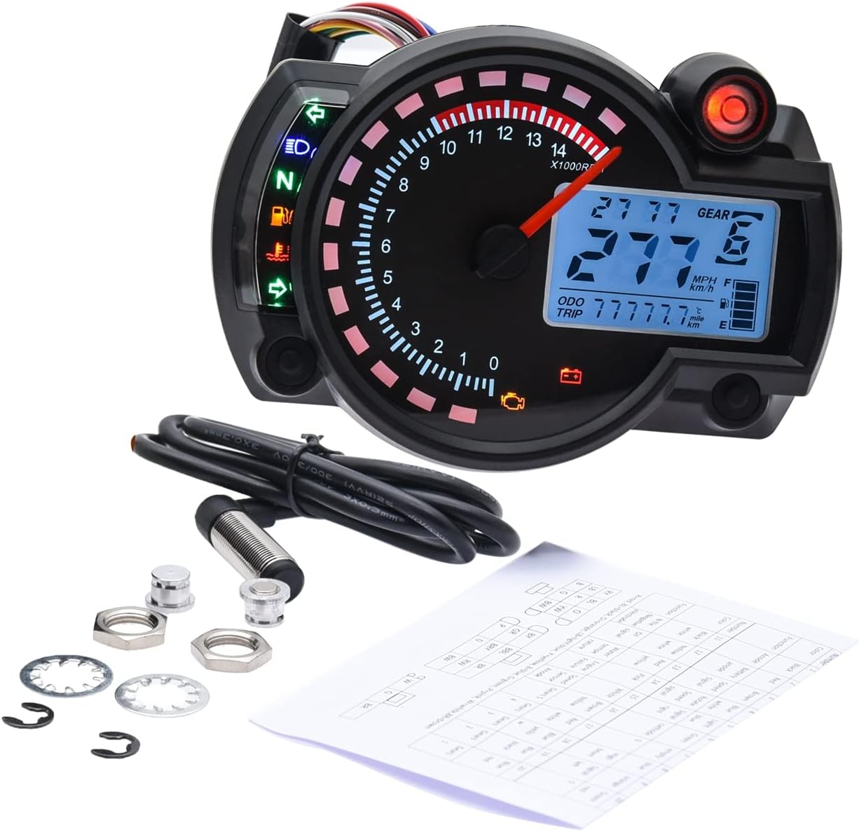 Image showing the KAOLALI Motorcycle Digital Speedometer, speed sensor, mounting hardware, and a wiring diagram sheet.