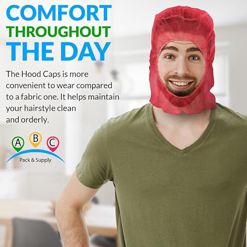ABC Disposable Hood Caps One Size, Pack of 100 Red Disposable Bouffant Hoods with Elastic Bands, Breathable Polypropylene Hoods, Unisex Disposable Hoods, Full Face Hair Net for Home, Industrial Use - Thumbnail 4