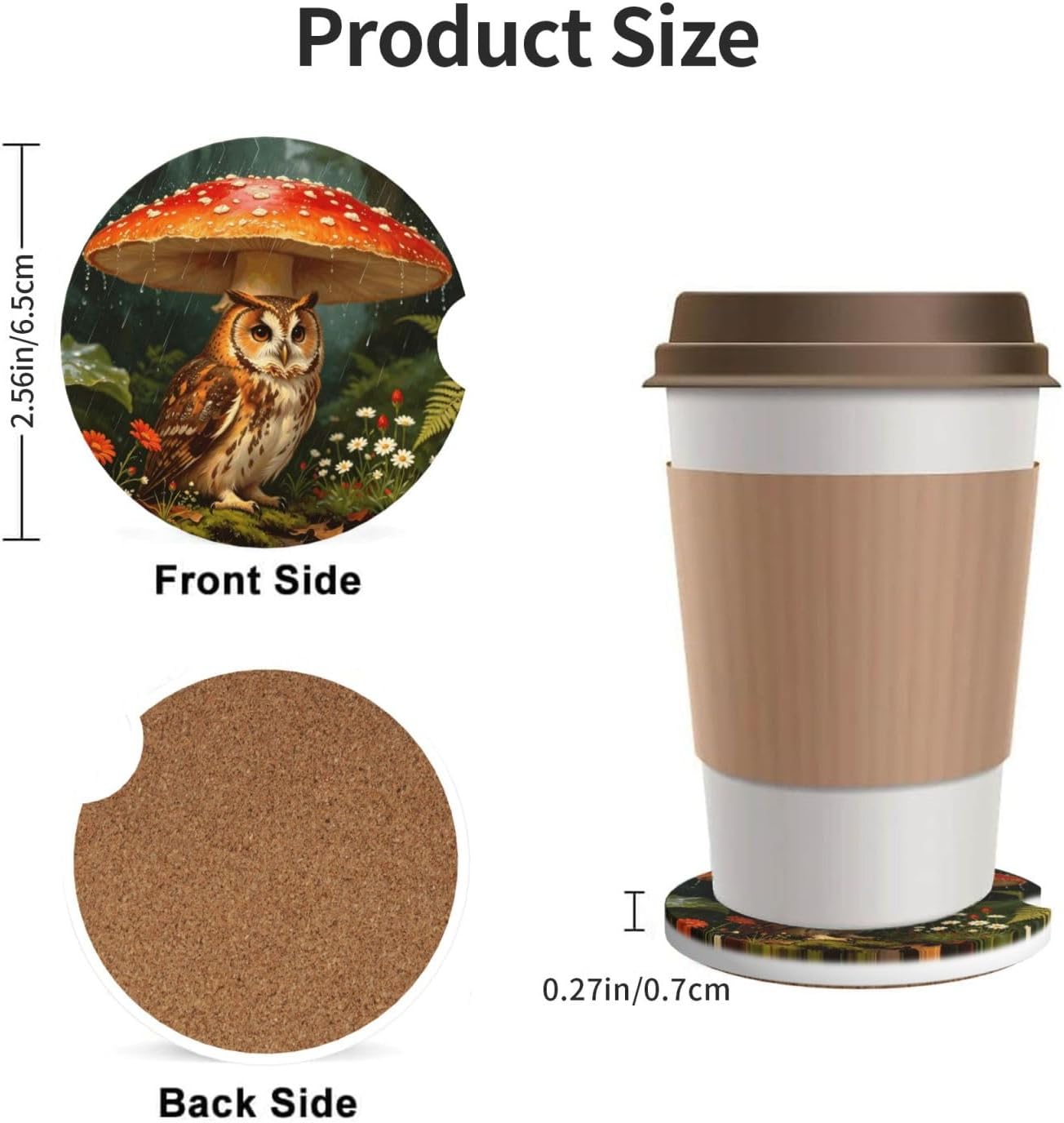Owl Under Mushroom Car Cup Holder Coasters Absorbent Ceramic Coaster image 3