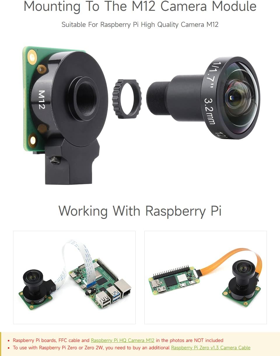 Waveshare Объектив высокого разрешения M12, совместимый с камерой Raspberry Pi M12, 12 МП, угол обзора 160°, фокусное расстояние 3,2 мм