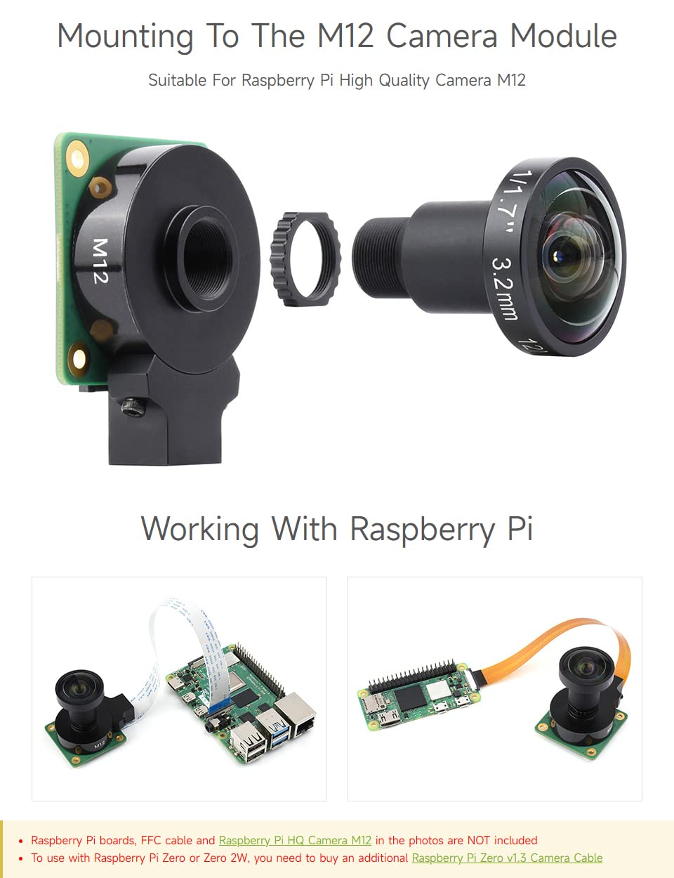 Waveshare Obiettivo M12 ad alta risoluzione, compatibile con fotocamera Raspberry Pi M12,12MP, FOV 160°, lunghezza focale 3,2 mm