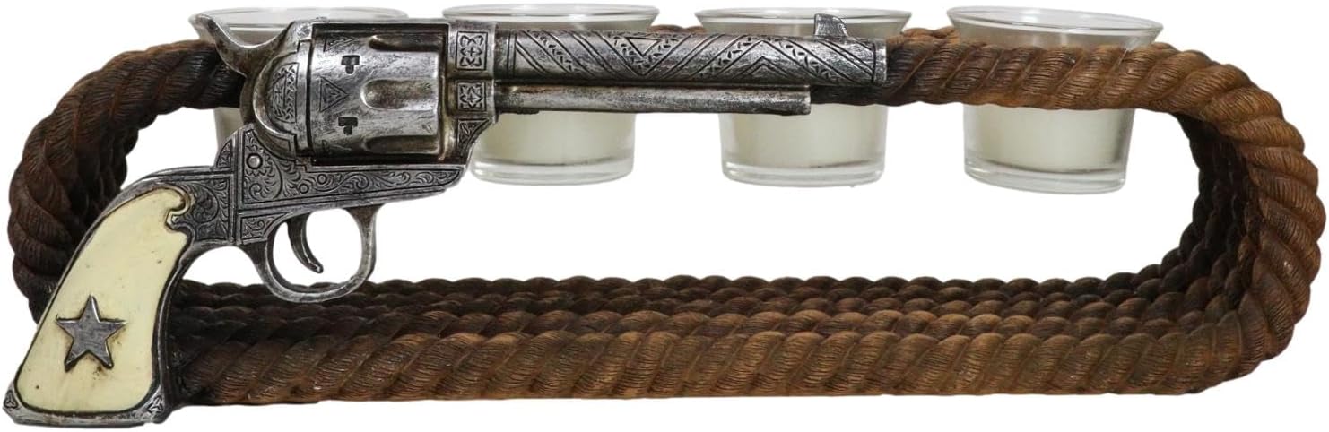 Ebros Rustic Old World Western Cowboy Braided Ropes and Six Shooter Revolver Pistol Gun Votive Tea Light Candle Holder Decorative Figurine Country Accent T-Lite Candleholders (Quadruple Votives)