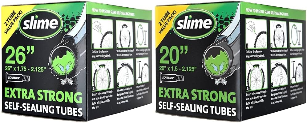 Slime 26" & 20" Bike Inner Tubes Value 2-Packs with Puncture Sealant, Extra Strong Self Sealing, Prevent and Repair, Schrader Valve