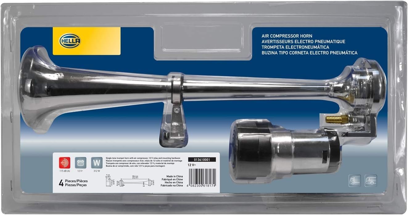HELLA 3PA 013 410-001 Trumpet Horn CA30 - 12V - 115dB(A) - Frequency Range: 370Hz - High Tone - Electric-pneumatic - ECE - Housing Colour: Chrome - Quantity: 1