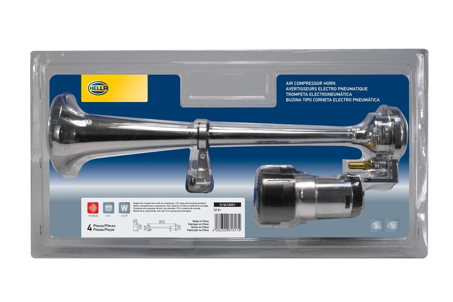 HELLA 013410001 Chrome 12V Air 1-Trumpet Horn Kit (BL)