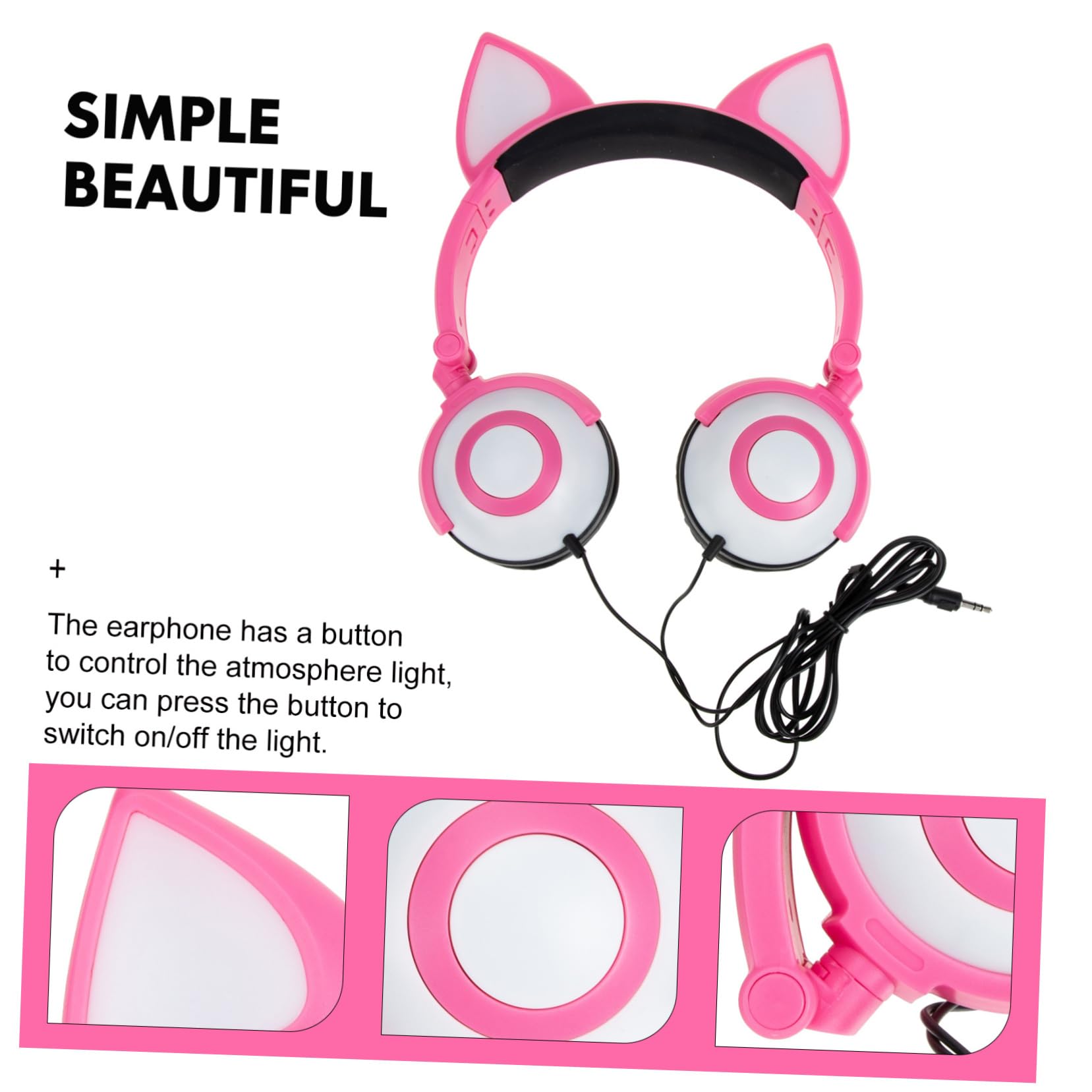 OSALADI Cuffie per Bambini Rosa Orecchie Gatto, Jack 3, 5 Mm | Pvc, Diametro Altoparlante 40mm, Controllo Luce Tramite Pulsante, Batteria Pulsante 180 Mah