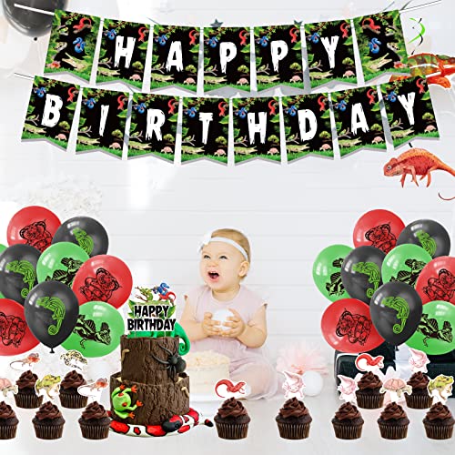 Reptile Birthday Party Decorations, Snake Lizard Birthday Party Supplies With Happy Birthday Banner Party Swirls Cake Topper Cupcake Toppers Latex Balloons For Kids #TOP4