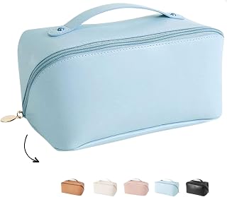 Large Capacity Travel Cosmetic Bag for Women,Travelling Opens Flat Makeup Bag Leather Cosmetic Bag Waterproof,Multifunctional Storage Travel Toiletry Bag Skincare Bag (Blue)