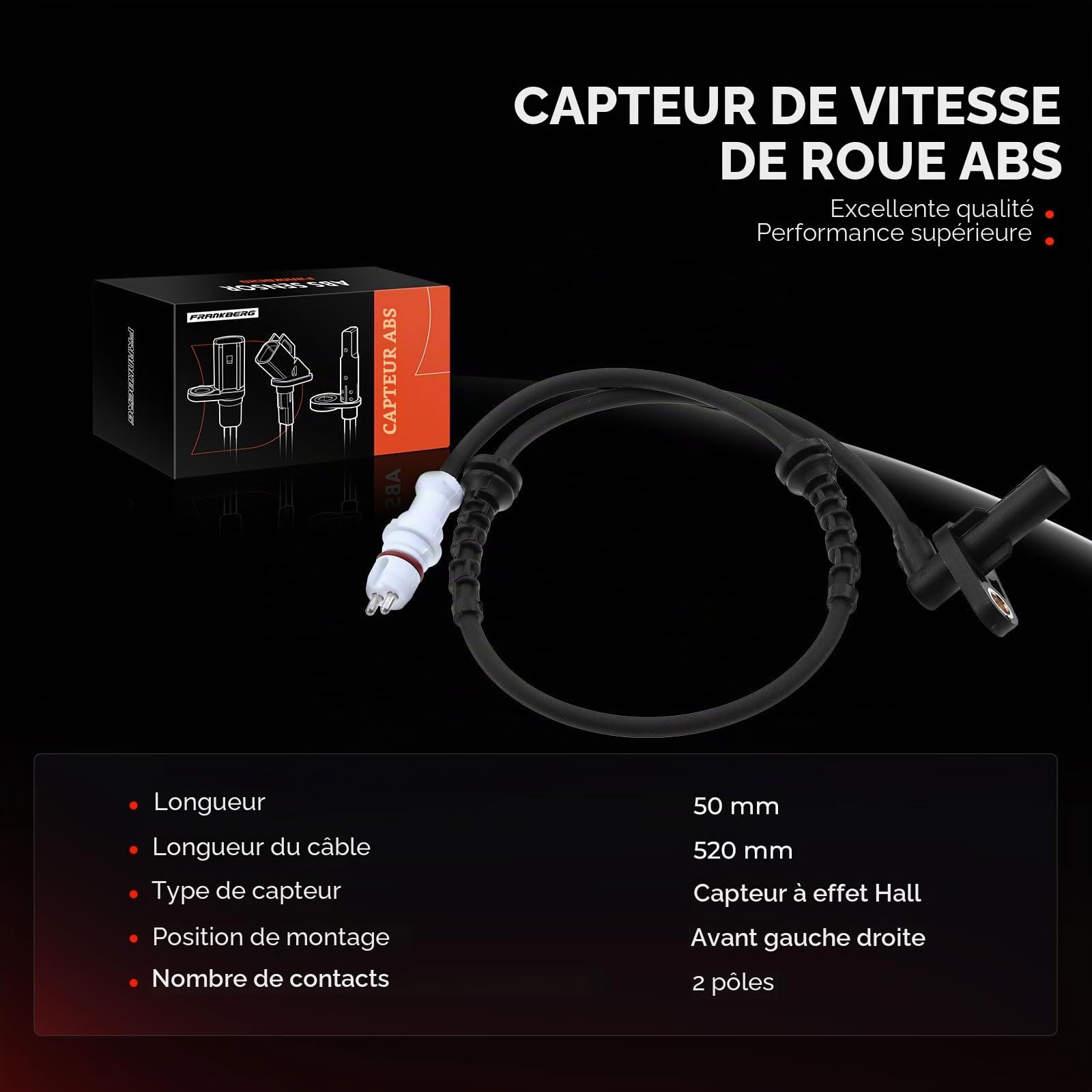 Frankberg Capteur de vitesse de roue ABS avant gauche droit 8200186294 | Compatible avec: Clio II BB CB, K.a.n.g.o.o KC0/1, Thalia II LU, Clio II boîte/hayon SB0/1/2, Twingo I C06