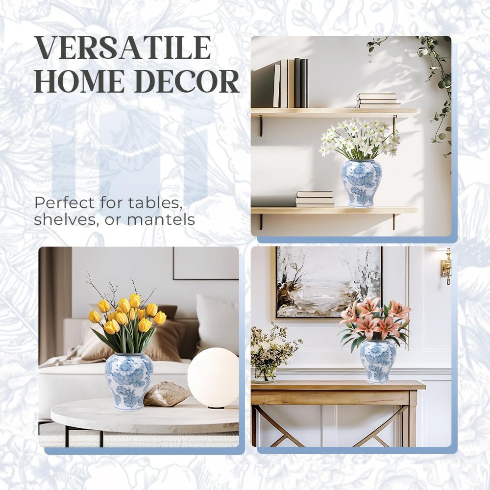 Blue and White Sunflower Ginger Jar with Hand-Painted Floral Design, Ceramic Decorative Vase with Gold Trim Lid, Chinoiserie Home Decor for Living Room, Shelf, Mantel