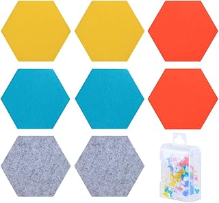 TsunNee 8PCS Hexagon Felt Board Tiles, Self Adhesive Hexagon Cork Tiles, Colorful Felt Wall Stickers, Notice Memo Bulletin Boards Display Boards with Push Pin for Pictures Office Home Decor