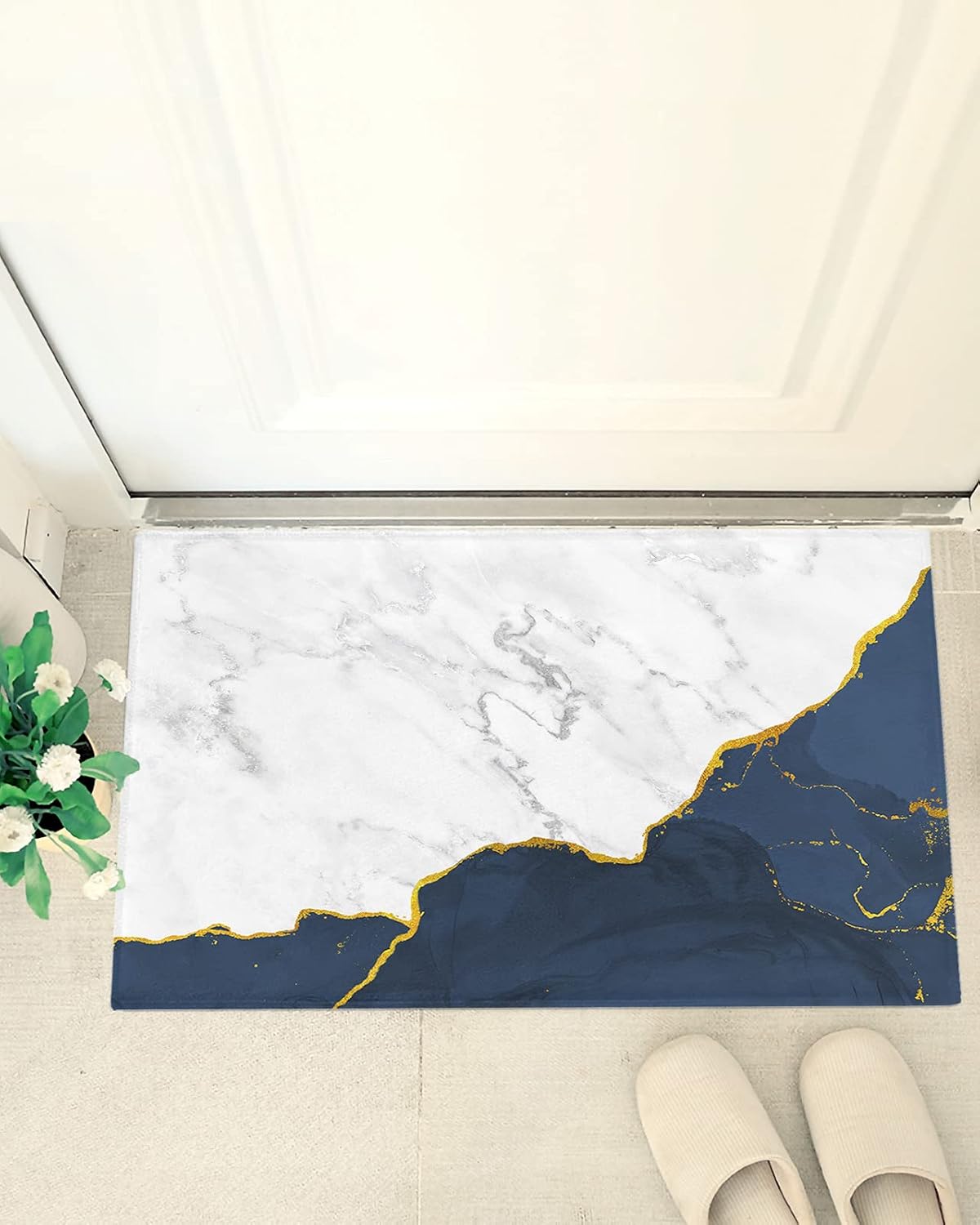 Abstract Marble Plush Shag Bath Rugs Dark Blue White Grey Color Gradient Soft Fluffy Floor Doormat Carpet,Non-Slip Door Mats for Living Room Bedroom Kitchen Entryway Golden Lines