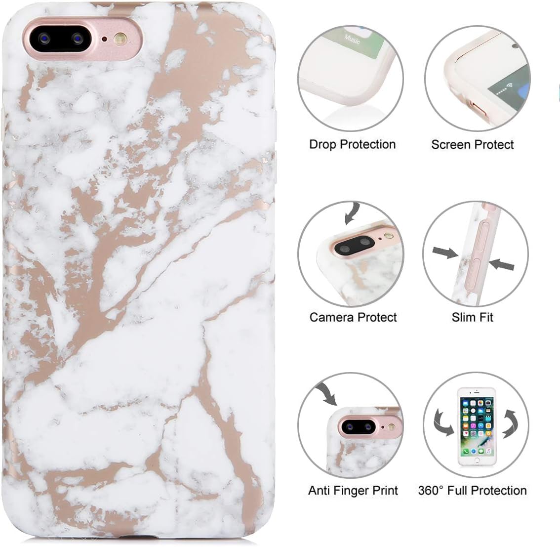 TRENSOM Marble iPhone 8 Plus Case iPhone 7 Plus Pink Marble Case Print Pattern IMD Hybrid Hard TPU Shockproof Phone Cases for Women Girls [5.5"]