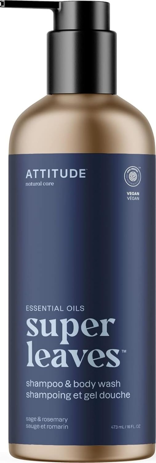 ATTITUDE 2-in-1 Body Wash and Hair Shampoo, EWG Verified Shower Gel, Dermatologically Tested, Made with Naturally Derived Ingredients, Vegan Personal Care, Sage & Rosemary, 16 Fl Oz
