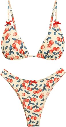 seamoly Womens Bikini Sets Tie Back Bowknot Two Piece Swimsuits Triangle Thong Bathing Suit Gingham Floral Cherry Printing