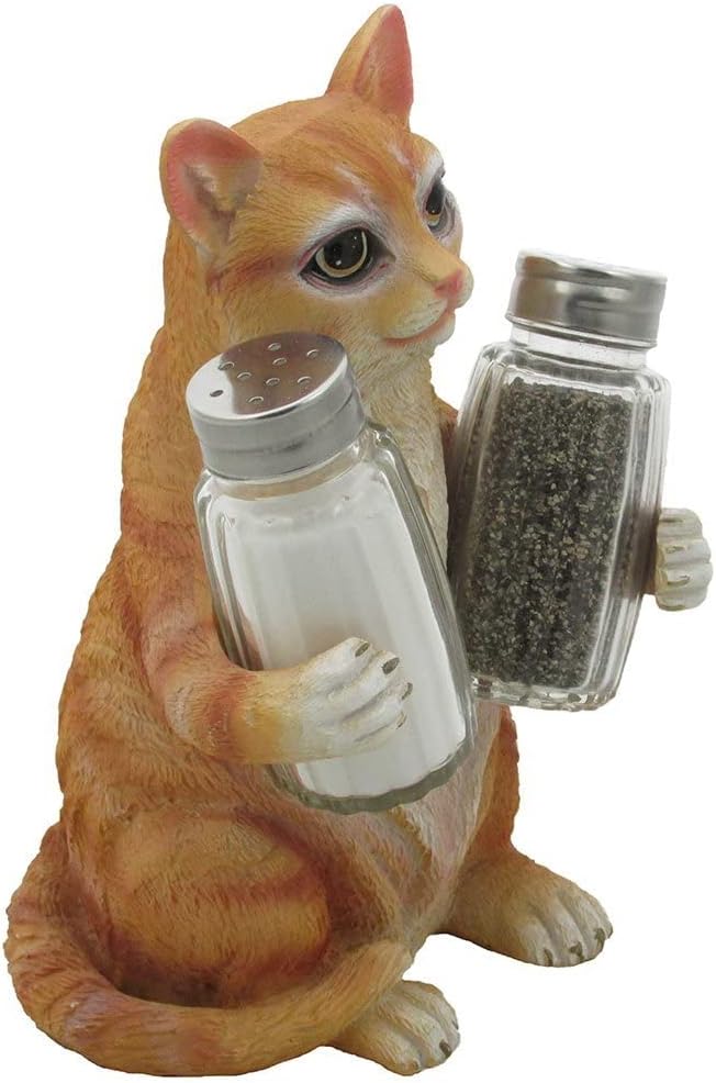 Orange Tabby Kitty Cat Glass Salt & Pepper Shaker Set with Holder Figurine in Decorative Pet Statues and Sculptures As Kitten Kitchen Table Decoration Gifts for Cat Owners by Home-n-Gifts