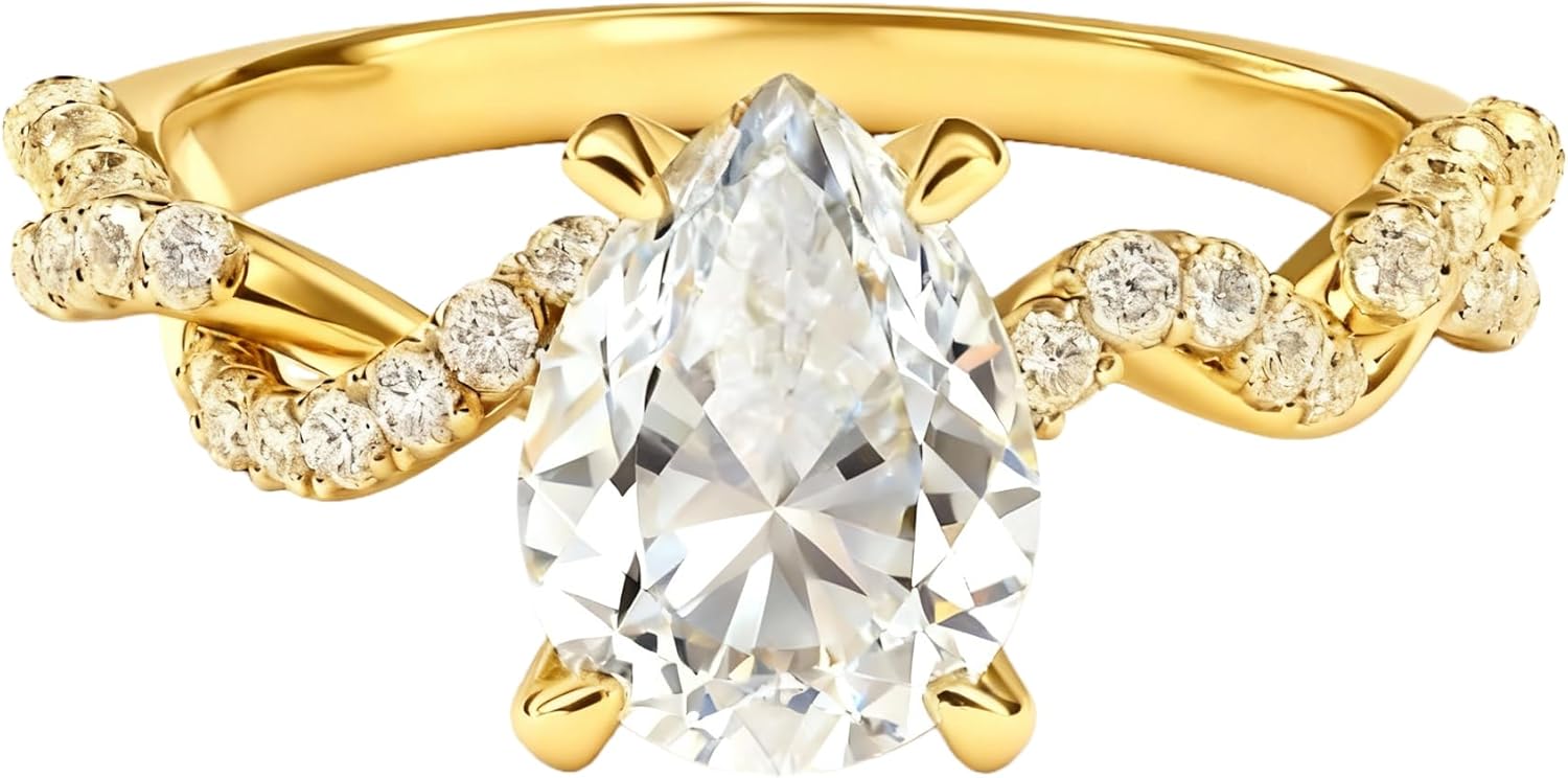 Blocaci 10K Gold Pear Shape Diamond Ring for Women, 1-5 Carat VVS1-VVS2, Twisted Shank Diamond Band, Engagement Wedding Anniversary Valentine’s Day Jewelry