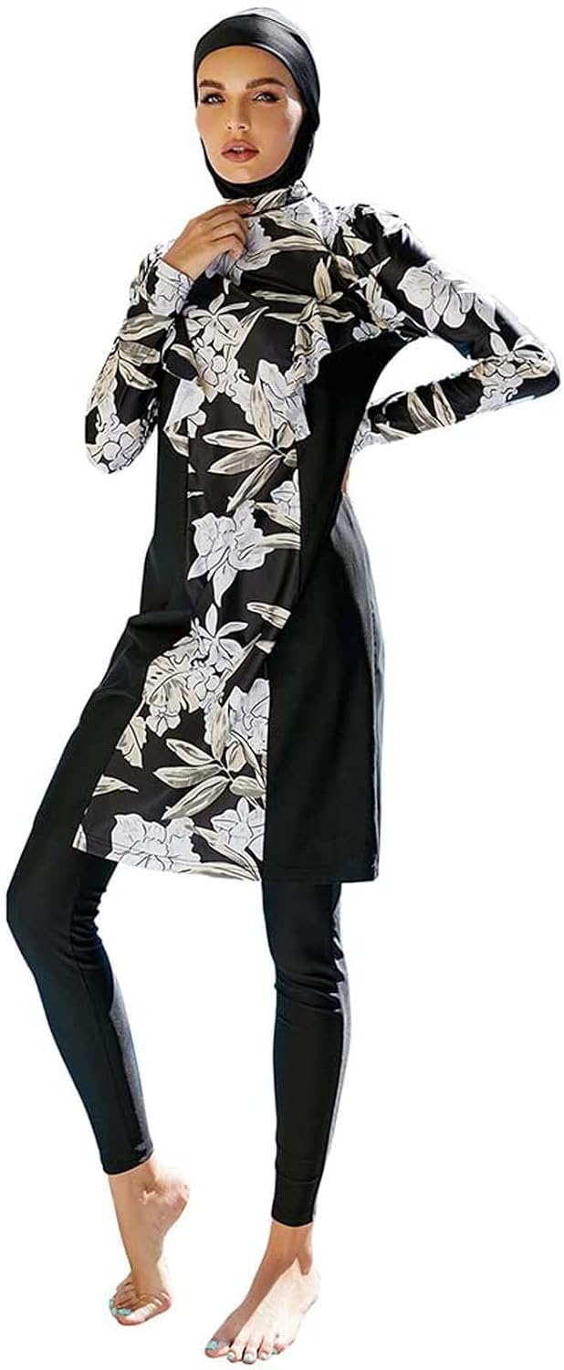 Generisch Muslim Women's Oversized Swimsuit Conservative Long Sleeve Trousers Covering Burkini Set with Headpiece Islamic Beachwear