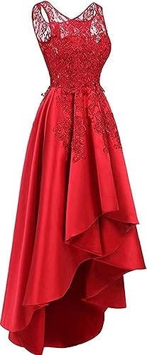 Hi Low Satin Long Prom Dress Scoop Neck Party Formal Gowns with Pocket Appliques Evening Party Dress(White,20 Plus)