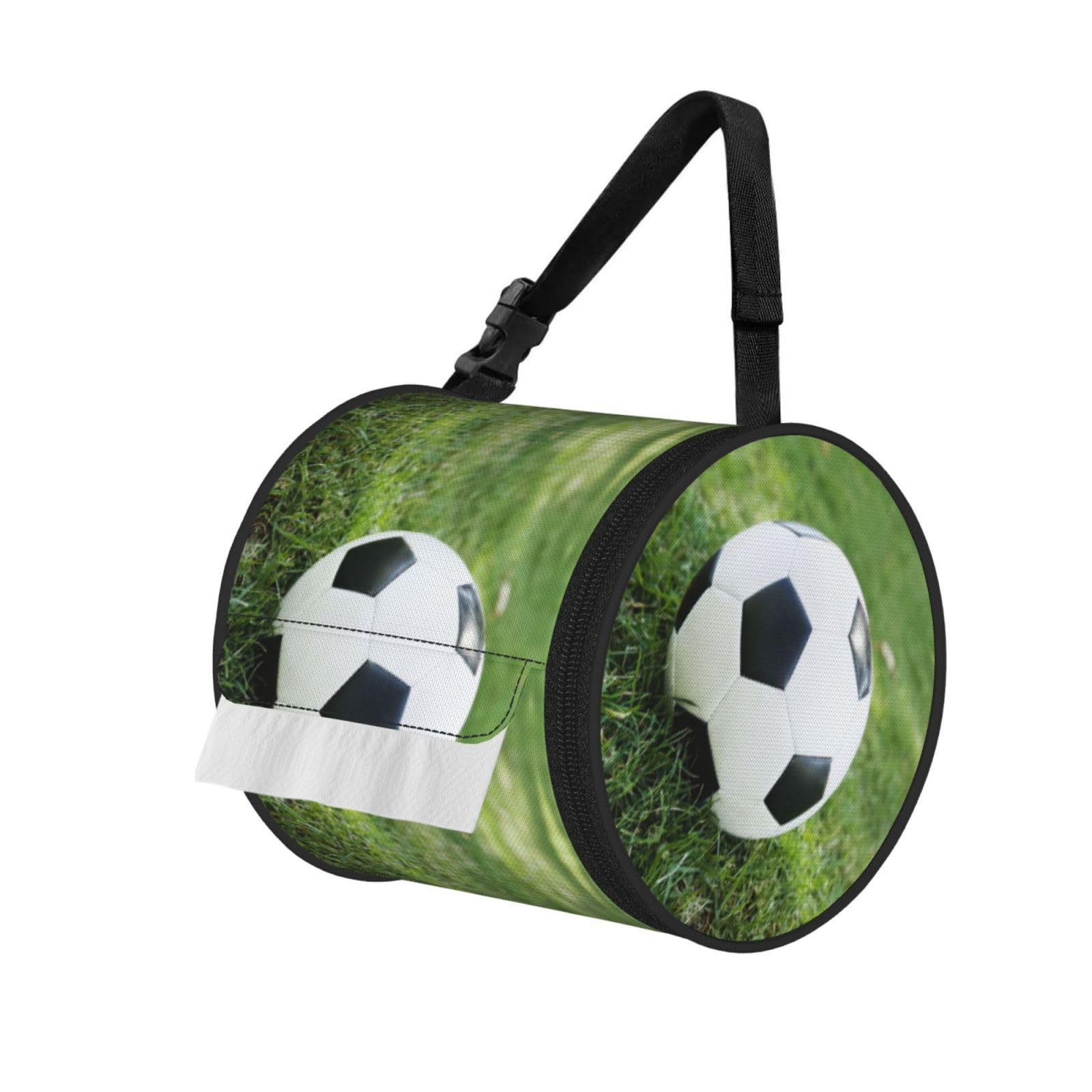Soccer Ball On Grassy Printed Toilet Paper Holder Bag, Adjustable Strap Roll Paper Organizer for Car Kitchen Outdoor