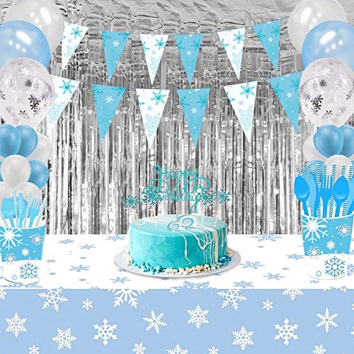 Suministros Fiesta Frozen, Fondo Decoración Cumpleaños Tema Winter Wonderland con Cortina Flecos Plateados, Banderines Copo Nieve y Mantel Copo Nieve para Cumpleaños Niños, Fiesta Bienvenida Al Bebé