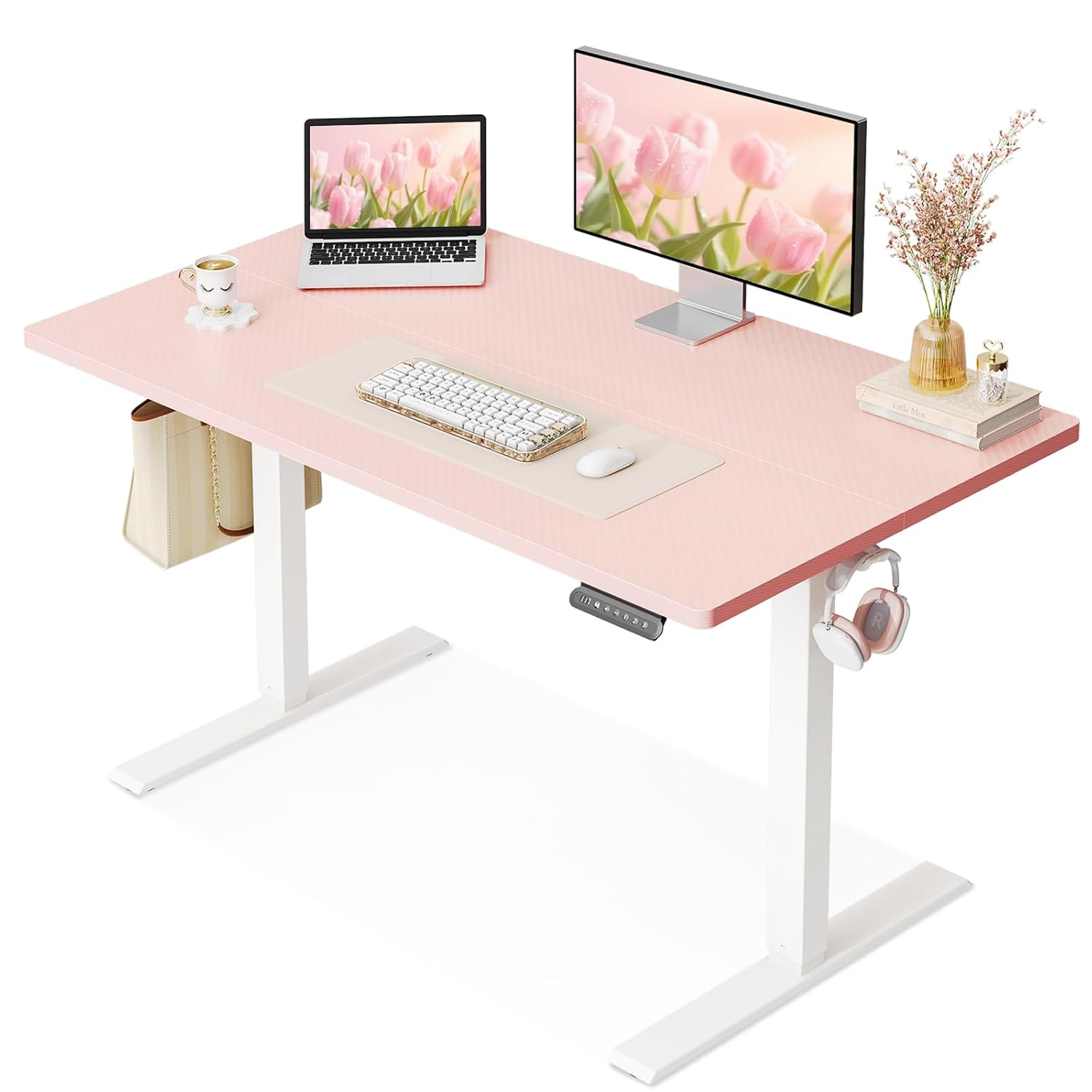 OffiGo Electric Height Adjustable Standing Desk 40 Inch Pink Computer Desk for Women Girls Sit Stand Table for