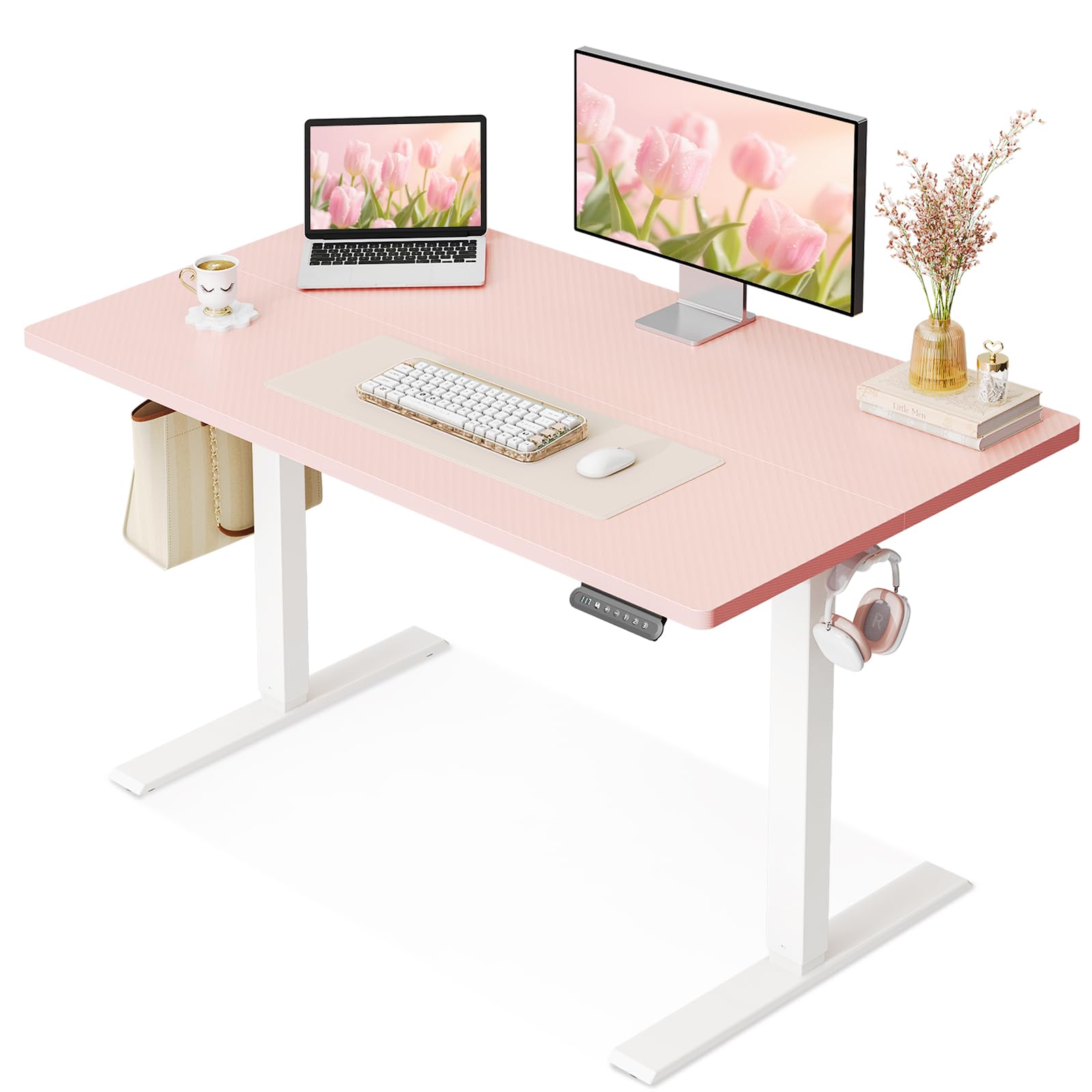 OffiGo Electric Height Adjustable Standing Desk 40 Inch Pink Computer Desk for Women Girls Sit Stand Table for