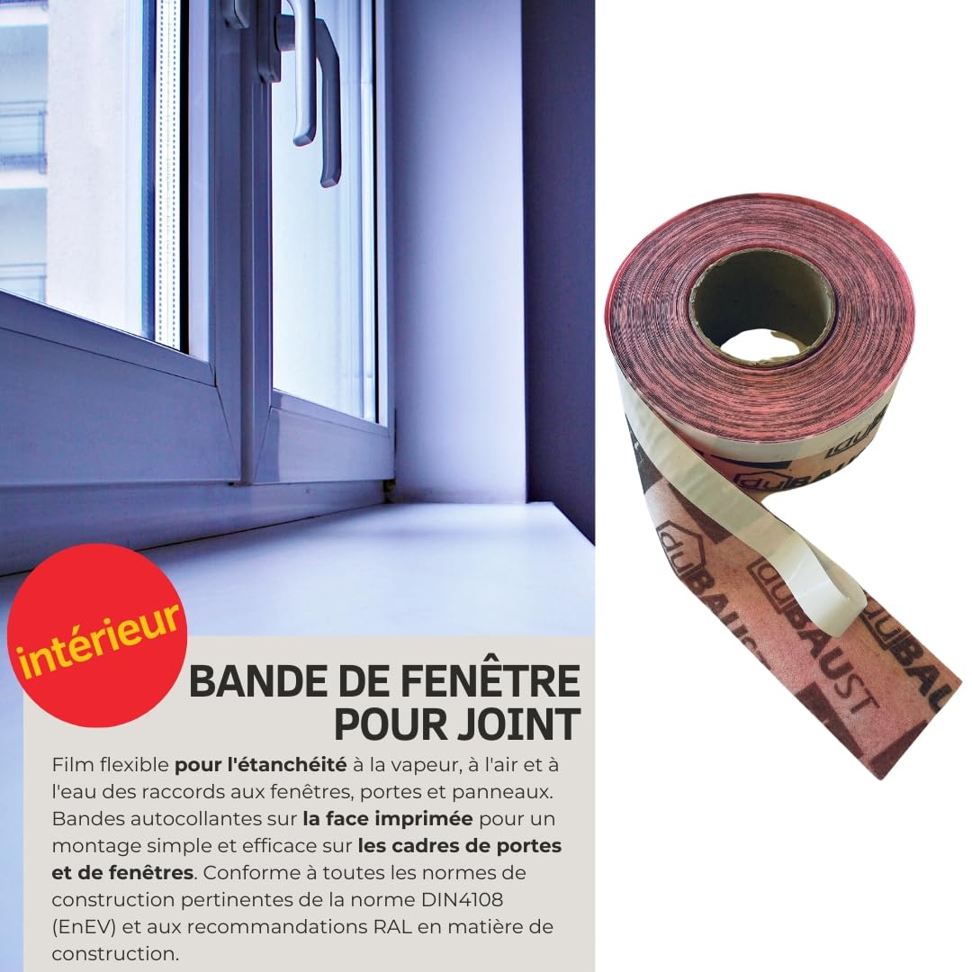 Ruban de raccordement pour fenêtre - Ruban d'étanchéité pour fenêtre - Pour l'intérieur et l'extérieur - Étanche à l'air - Avec bande adhésive - Différentes largeurs - Rouleau de 30 m