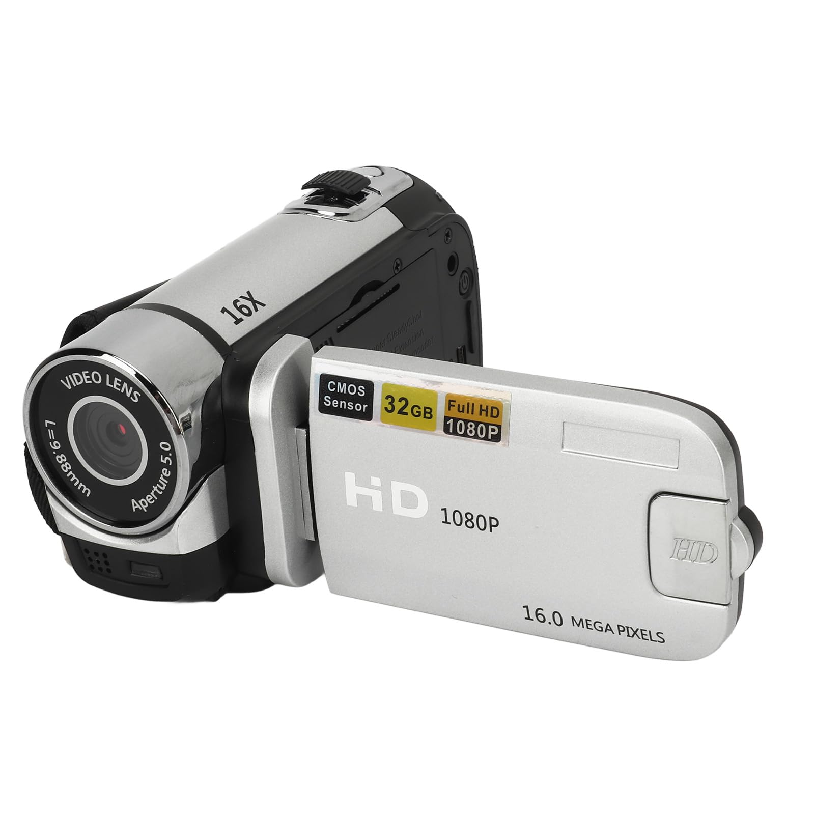 Point and Shoot Camera, Vintage Kamera, Videokamera, 1080P 16MP Digitalkamera 2,4 Zoll Drehbarer Bildschirm Camcorder 16X Zoom HD Videorecorder mit Fülllicht (Silver)