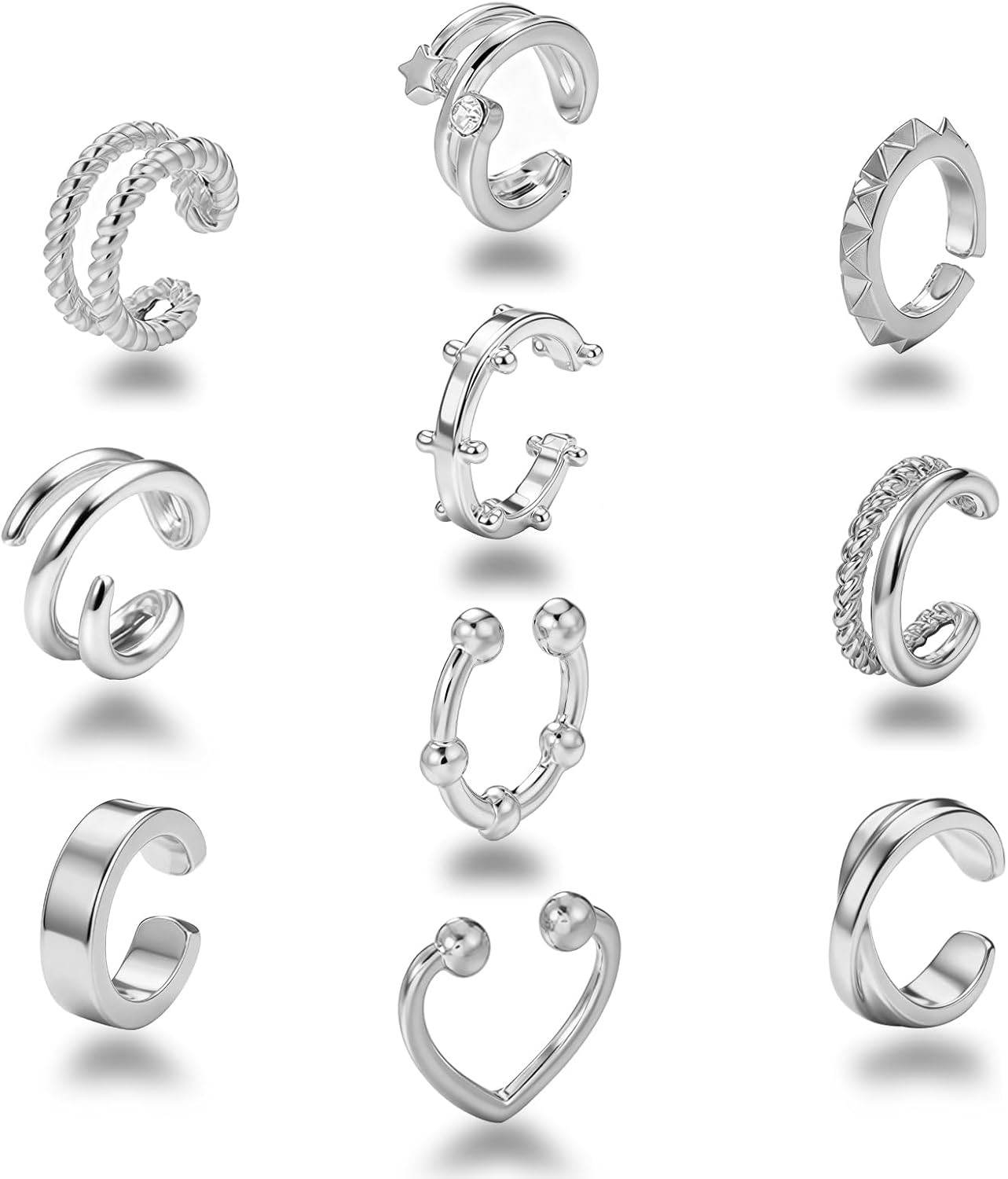 10 Pcs Gold Plated Ear Cuff Earrings for Women Non Pierced, Hypoallergenic Fake Hoop Earrings Ear Clips Set with Diamonds Lightweight