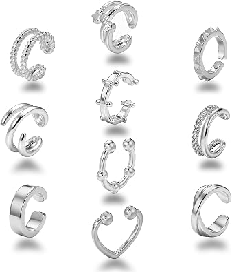 10 Pcs Gold Plated Ear Cuff Earrings for Women Non Pierced, Hypoallergenic Fake Hoop Earrings Ear Clips Set with Diamonds Lightweight
