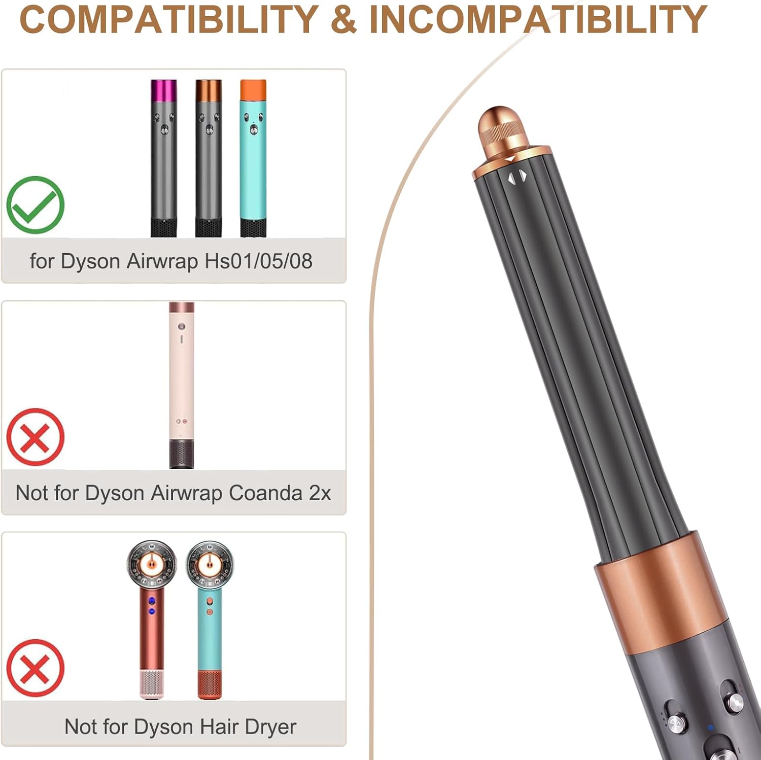 30mm/1.2" Hair Long Barrel Attachment for Dyson Airwrap HS01/05/08, Adjustable Bidirectional Auto-Wrap Curling, for Bouncy Curls or Waves, Gold