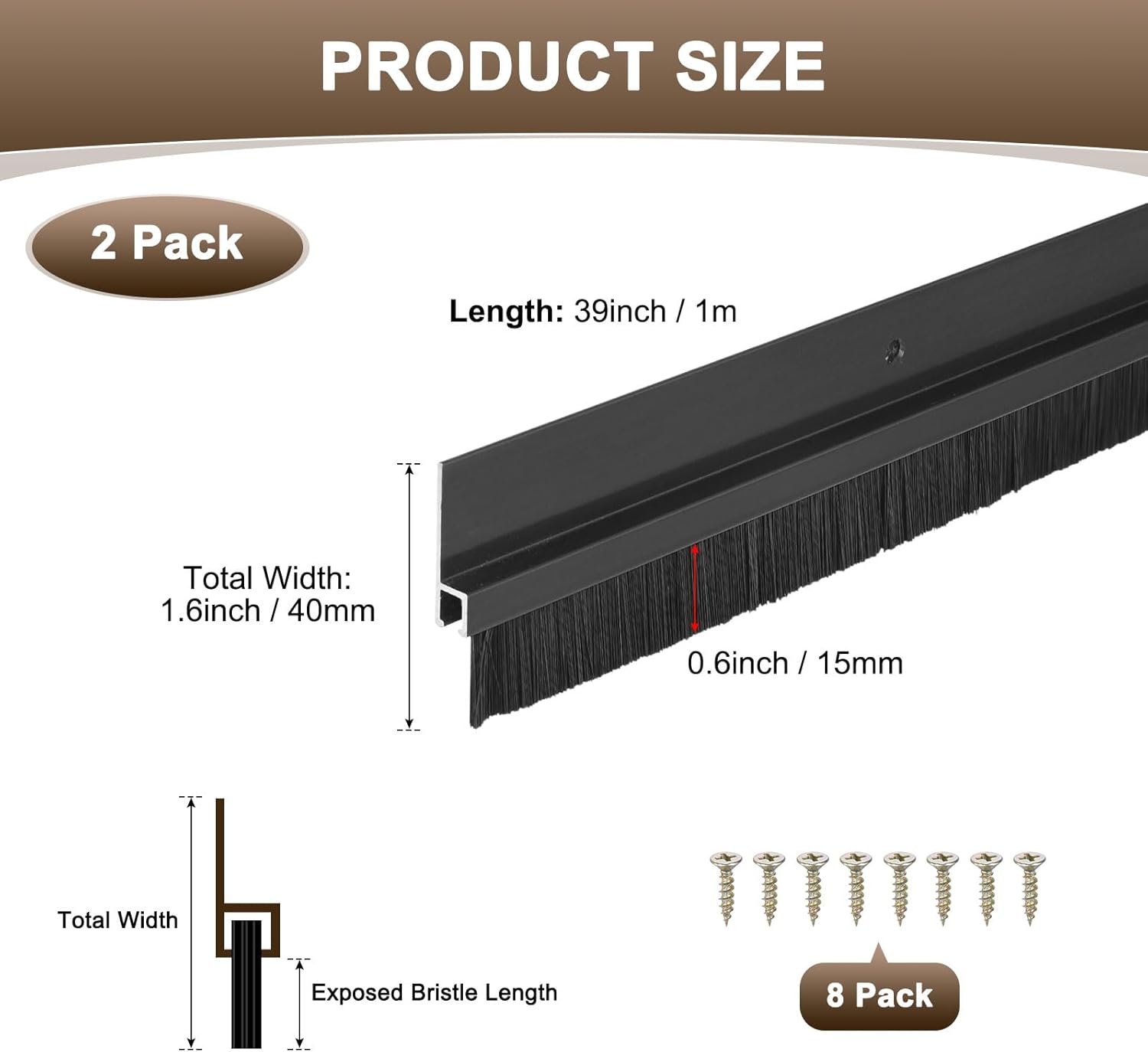 M METERXITY 2Pack Door Sweep - 39" Door Bottom Brush Heavy Duty Seal Draft Stopper Aluminum Base with 15mm Brush, Adhesive/Screw Installation for Interior/Exterior/Garage/Sliding Doors, Black