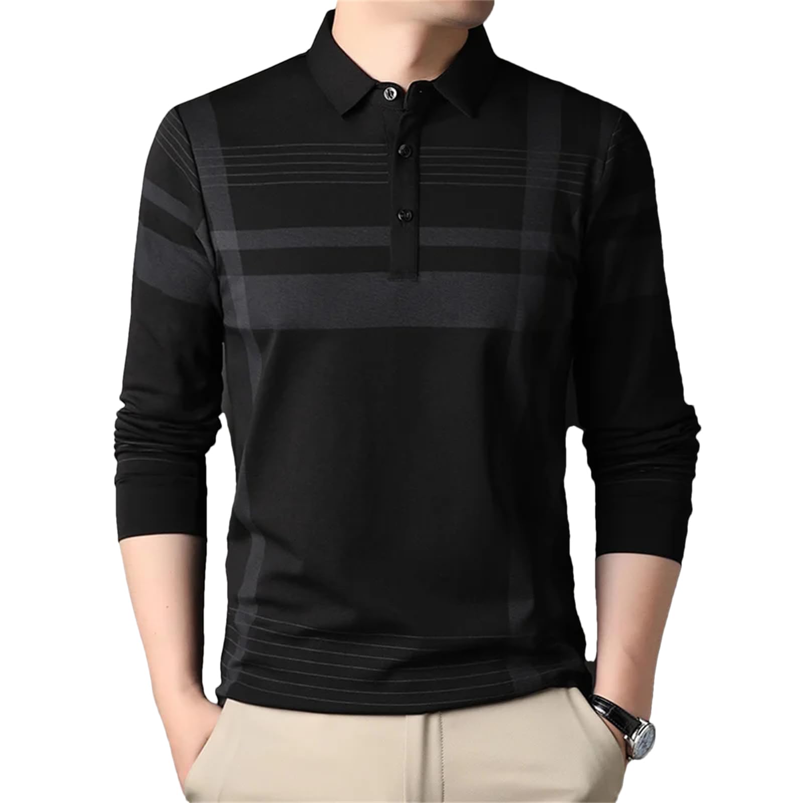 Vogrtcc Gestreiftes Herren-Poloshirt, langärmelig, normale Passform, lässiges Oberteil mit Knopfleiste, atmungsaktives Soft-Touch-Gewebe
