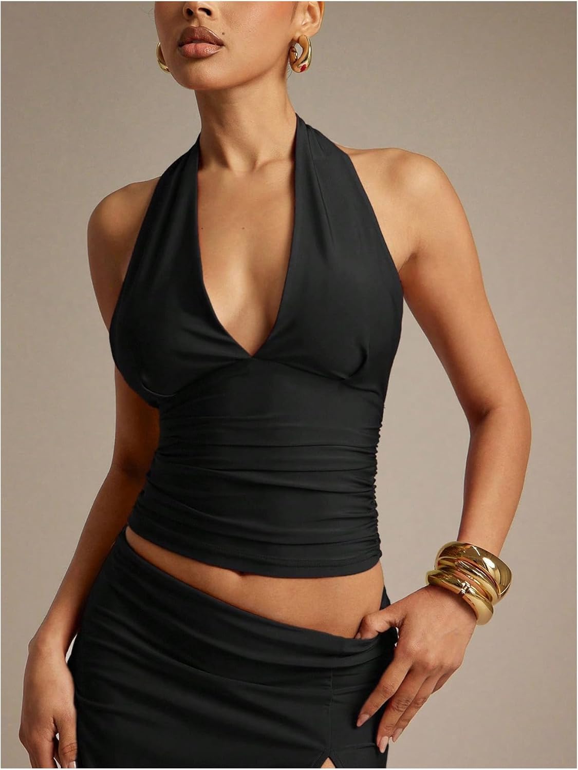 Floerns Women's Deep V Neck Halter Tank Top Tie Open Back Sleeveless Ruched Going Out Tops - Image 4