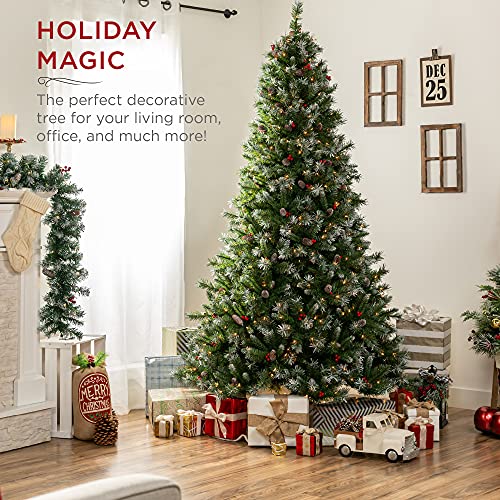 Best Choice Products 6Ft Pre-Lit Pre-Decorated Pine Hinged Artificial Christmas Tree W/ 818 Flocked Frosted Tips, 58 Pine Cones, 58 Berries, 250 Lights, Metal Base #TOP1