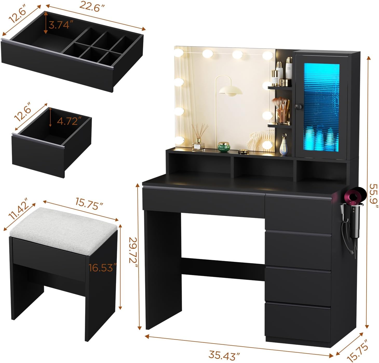 Vanity Desk with LED Lights Mirror, 35.43" Modern Makeup Table with 6 Storage Drawers & Stool for Ladies and Girls, RGB Light Makeup Desk with Power Outlet for Bedroom Dressing Room, Black