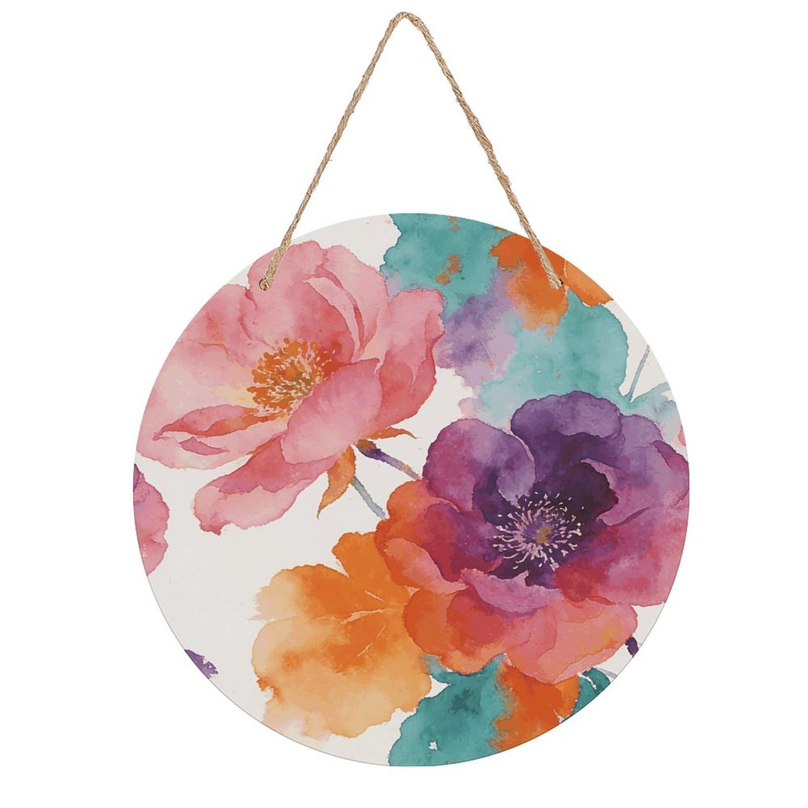 FekiLoot Clusters of Watercolor Flowers Wall Art Decor Round Wood Hanging Sign Decoration Wooden Circle Door Sign Round Hanging Decorative Wood Plaque Door Hanger for Home Outdoor Indoor Decoration
